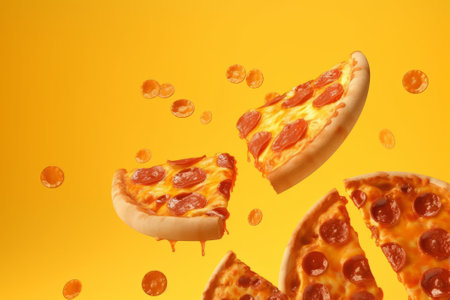 Pizza falling into the air on a yellow background with space for textの素材