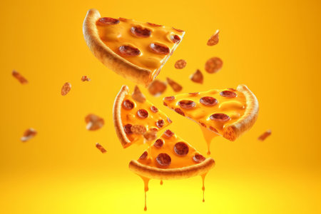 Flying slice of pizza isolated on yellow background. 3d illustration.の素材