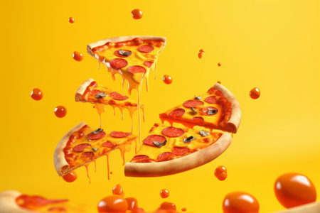 Slices of pizza falling on yellow background, close up viewの素材