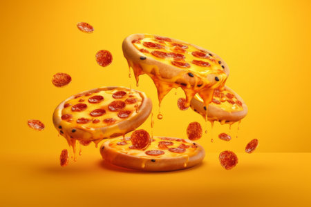 Pizza with flying ingredients on a yellow background. 3d renderingの素材