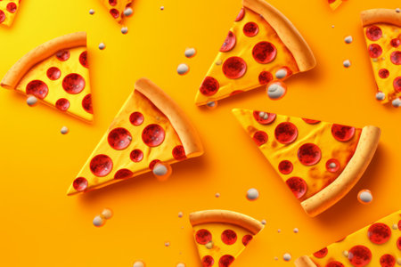 Slices of pizza on orange background, top view. Food backgroundの素材