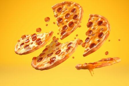 Slices of pizza flying on a yellow background. 3d renderingの素材