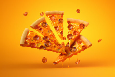 Pizza slice with flying ingredients on orange background. 3d renderingの素材