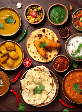 Group of Assorted Indian Food like Chicken tikka masala, laddoo, dahi vada, chutney, dahi vada, naan, ghee, chutneyの素材