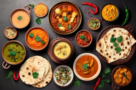Group of Assorted Indian Curry dishes including Dal Makhani, Dal Makhani, Palak Paneer, Kachori, Pakora, Halwa, Halwa, Halwa, Halwa, Halwa, Halwa, Halwa or Halwaの素材