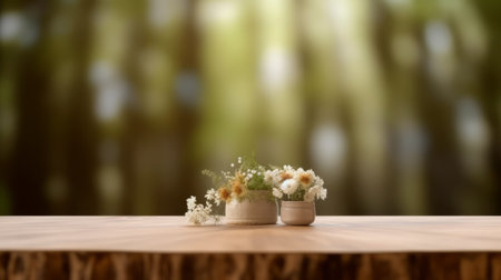 Wooden table with flower in vase on bokeh backgroundの素材