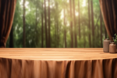 Wooden table top on blur green forest background, product display montageの素材