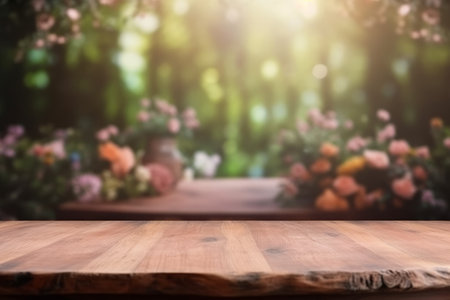 Empty wooden table over blurred background of spring garden, product display templateの素材