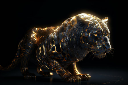 Lion statue made of metal on black background. 3d aの素材