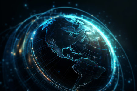 Glowing digital world map on dark background. Technology concept. 3D Renderingの素材