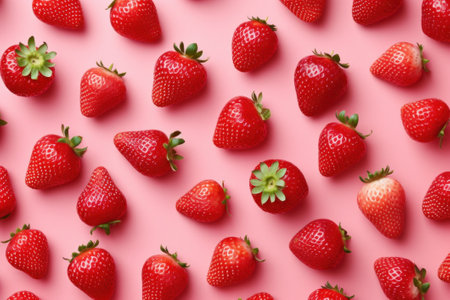 Fresh ripe strawberries on pink background, flat lay. Healthy food conceptの素材