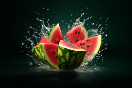 Watermelon slices with water splashes on dark background. Fresh fruit.の素材