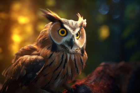 Portrait of a beautiful owl with yellow eyes on a blurred backgroundの素材