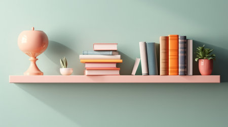 Bookshelf with books and vase on blue wall. 3D renderingの素材