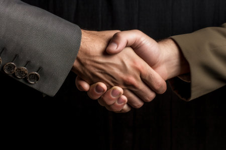 Handshake of two businessmen on a black background, close-upの素材