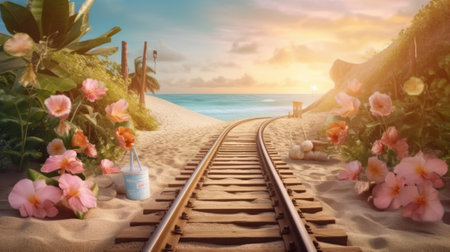 Railway tracks on the beach with flowers and blue sky background.の素材