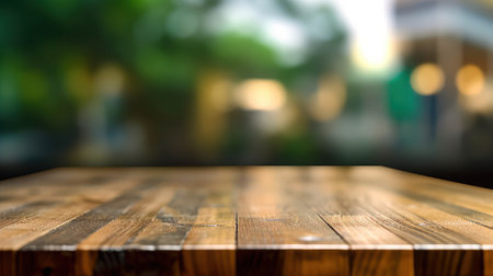 Empty wooden table and blurred background of outdoor cafe or restaurant. Ready for product display montageの素材