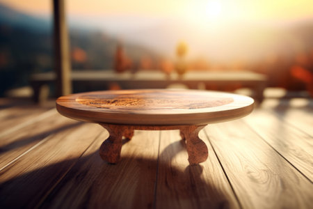 Wooden table and chair on wooden terrace at sunset time.の素材
