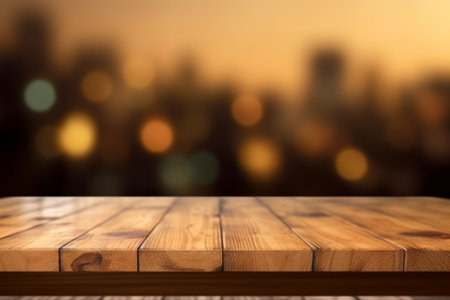 Empty wooden table for product display montages with blurred cityscape background.の素材