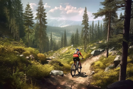 Cyclist Riding the Bike on the Trail in the Mountains. Extreme Sport Concept.の素材