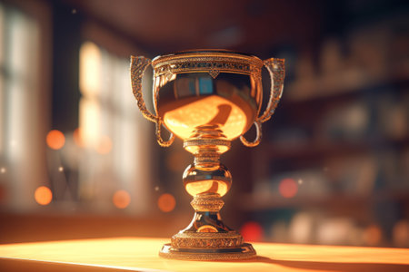 Golden trophy cup on a table in a cafe, close-upの素材