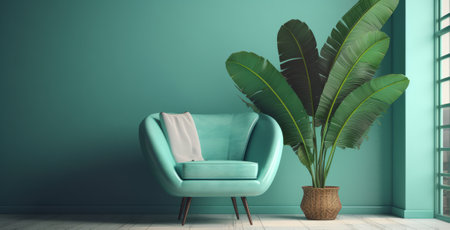 interior with blue armchair and tropical plant - 3d illustrationの素材