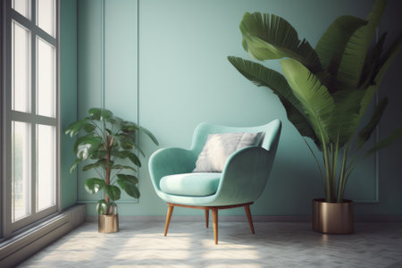 Green armchair in living room interior with tropical plant. 3D Renderingの素材