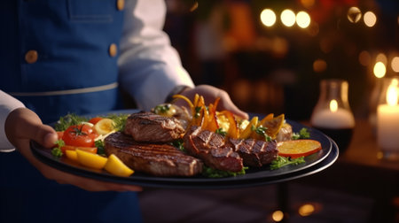 Waiter holding plate with delicious grilled meat and vegetables, closeupの素材