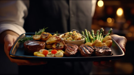 Chef holding a plate of grilled meat with asparagus and potatoesの素材