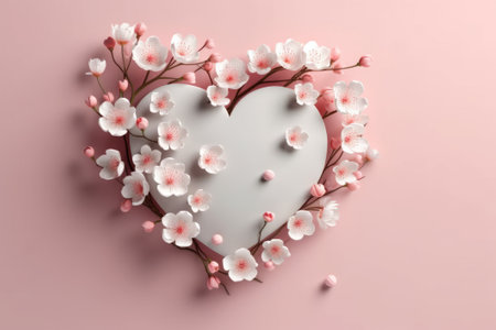 Flowers in shape of heart on pink background, flat lay. Space for textの素材
