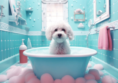 Cute little dog taking a bath in a blue bathtub.の素材