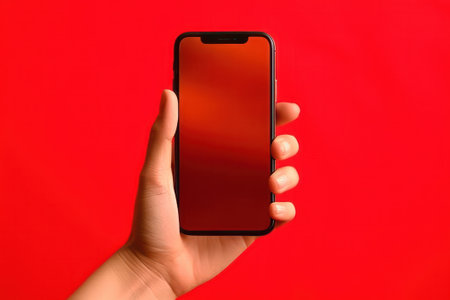 female hand holding a phone with a red screen on a red backgroundの素材