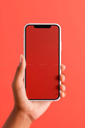 cropped shot of woman holding smartphone with blank screen isolated on redの素材