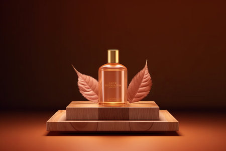 Cosmetic bottle on wooden podium with leaves. 3d illustration.の素材