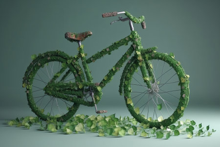 Bicycle made of ivy on green background. 3D renderingの素材