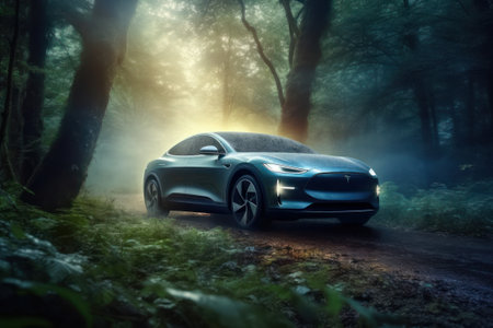 Car in the forest at night.の素材