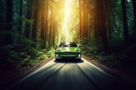 Green car driving on the road in the forest. 3d renderingの素材