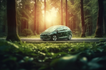 Car on road in the forest at sunset. 3d rendering.の素材