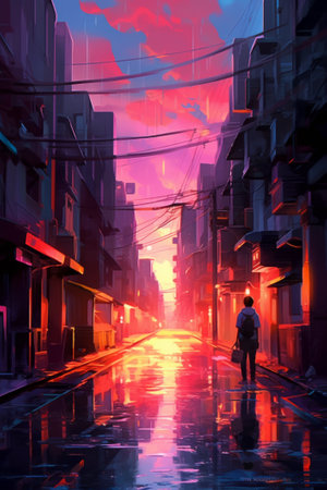 Digital painting of a man walking through a city street at sunset.の素材