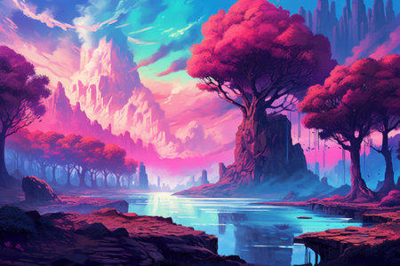 Fantasy landscape with lake, trees and mountains. Digital painting.の素材