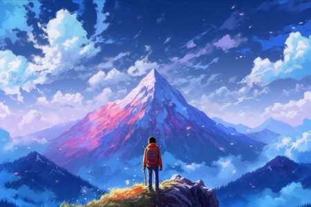 Man standing on top of the mountain and looking at the beautiful landscapeの素材