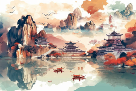 Landscape of the ancient Chinese town in watercolor painting style.の素材