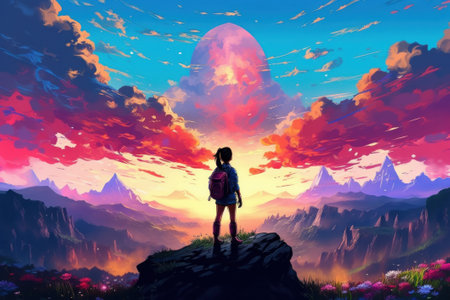 The girl is standing on the mountain and looking at the sunset.の素材