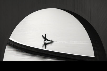 Silhouette of a surfer on a lake in a tunnelの素材
