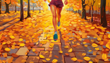 Runner athlete running in autumn park. Woman fitness jogging workout wellness concept.の素材