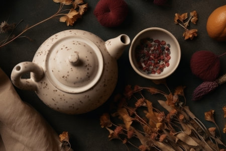 Autumn still life with teapot and cup of tea on dark backgroundの素材