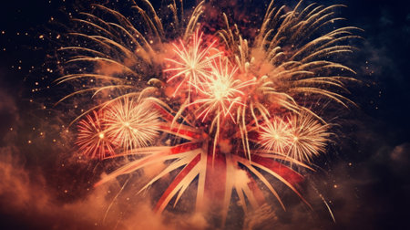 Colorful fireworks of various colors over night sky background. Independence Dayの素材