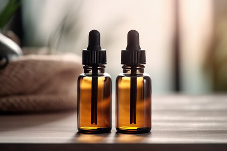 Essential oil in glass bottle on table in spa salon, closeupの素材