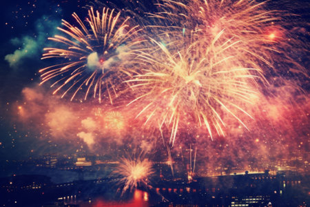 Colorful fireworks on the background of the night city and the skyの素材