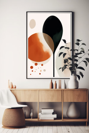 Modern scandinavian living room interior with mock up poster frame, wooden chest of drawers, coffee table and plants. Toned imageの素材